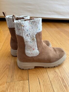 Tan Suede Booties with Speckled Knit Cuffs